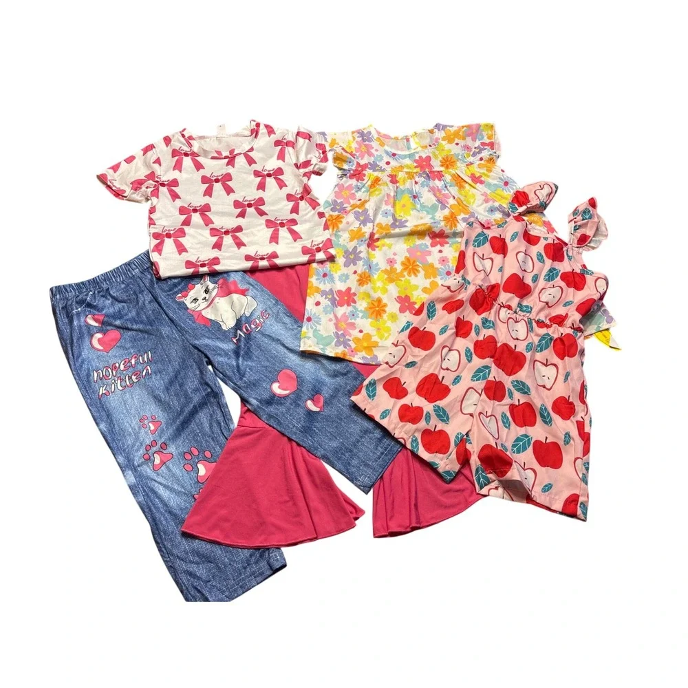 SHEIN Girls 2-3Y Outfit Bundle Floral Dress Apple Romper Kitten Bell Bottoms Set